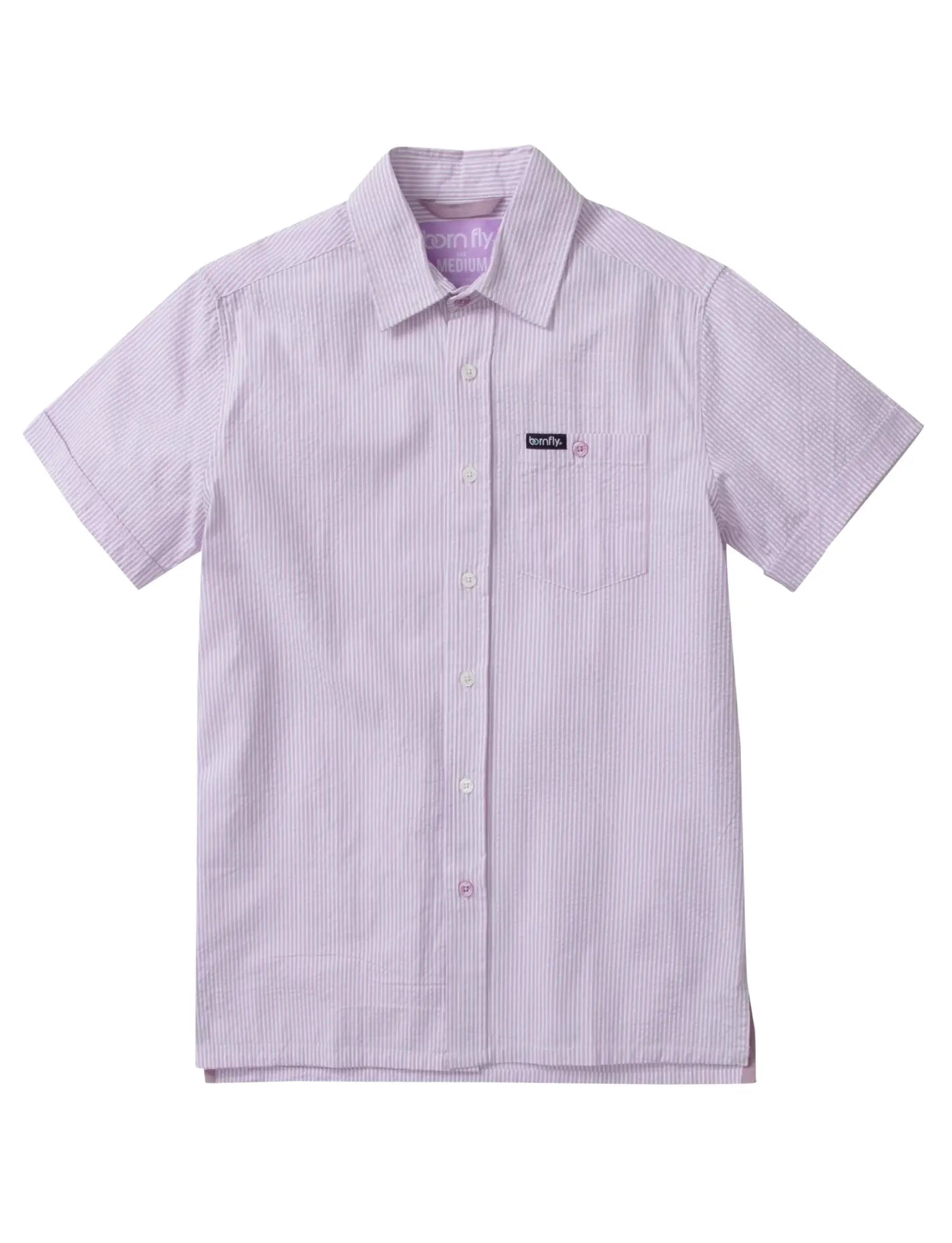 Lavender and white striped country club fly seersucker shirt with short sleeves collar and chest pocket patch