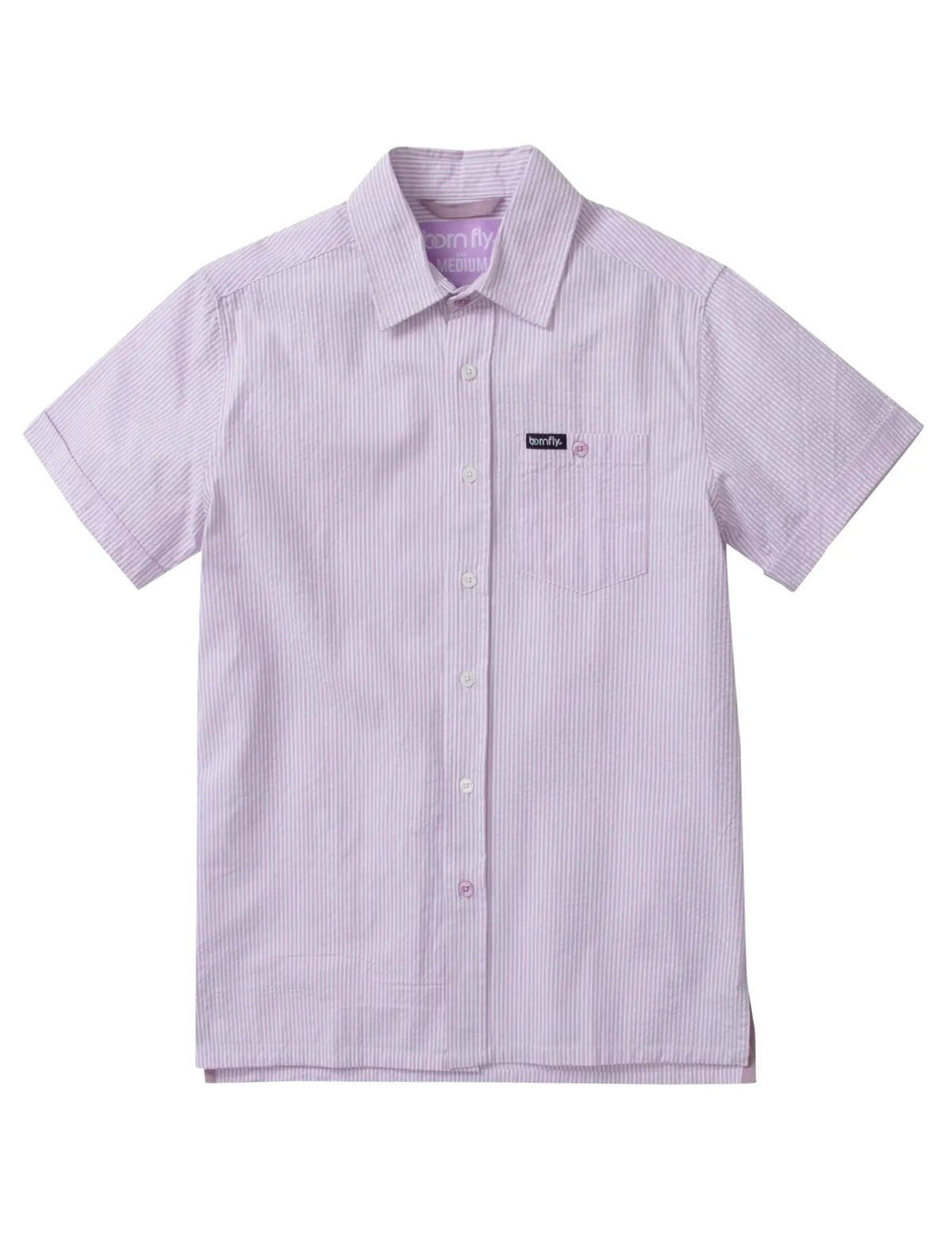 Lavender and white striped country club fly seersucker shirt with short sleeves collar and chest pocket patch