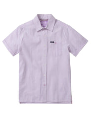 Lavender and white striped country club fly seersucker shirt with short sleeves collar and chest pocket patch