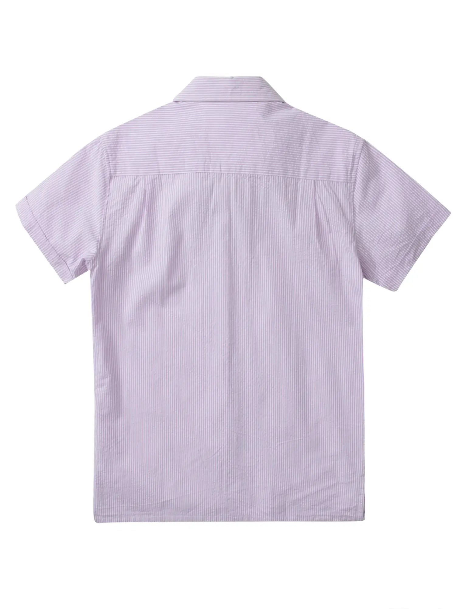 A light purple short-sleeved Country Club Fly seersucker shirt with fine vertical stripes and button-up front