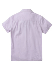 A light purple short-sleeved Country Club Fly seersucker shirt with fine vertical stripes and button-up front
