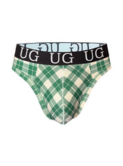 Green and cream plaid cotton comfort thong with black waistband featuring white ug lettering front view