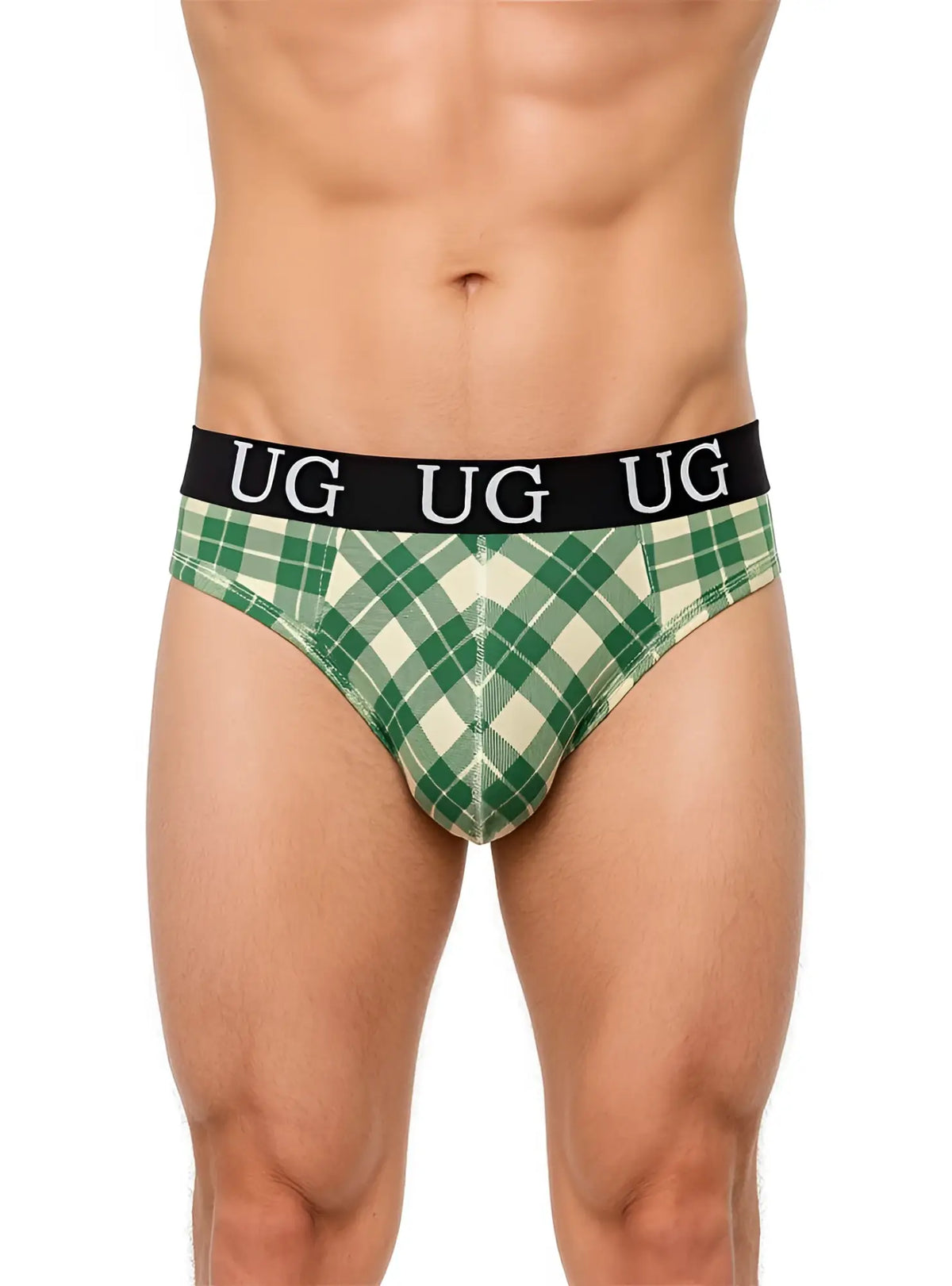 Country style plaids comfort thong green and cream plaid cotton fabric with black waistband and white ug lettering