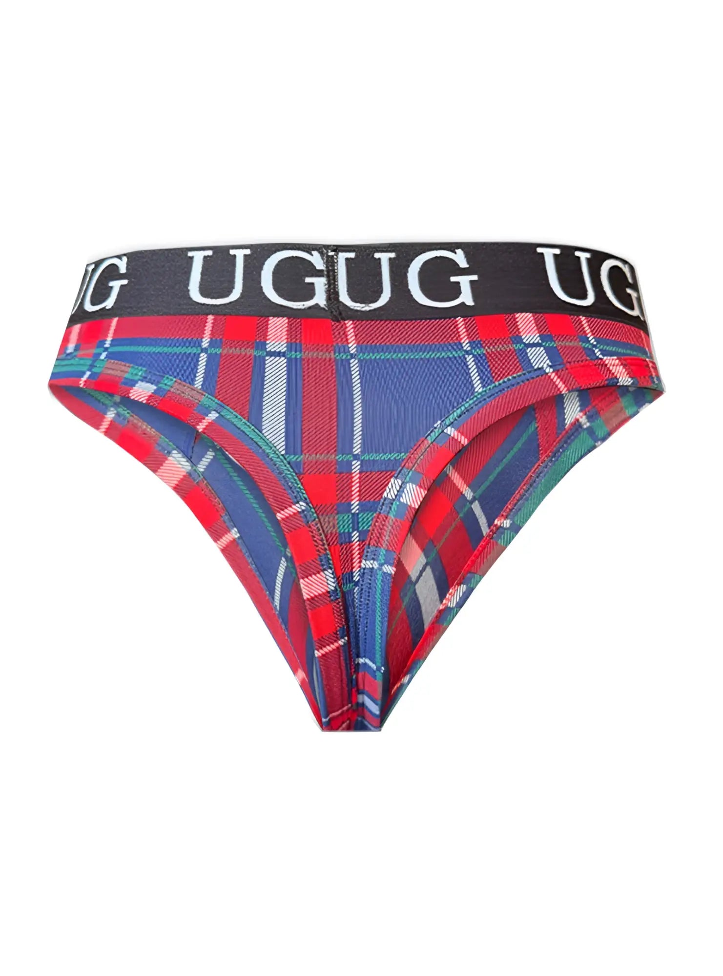 Country style plaids comfort thong by ugug brand in red blue and green plaid with black waistband and white lettering