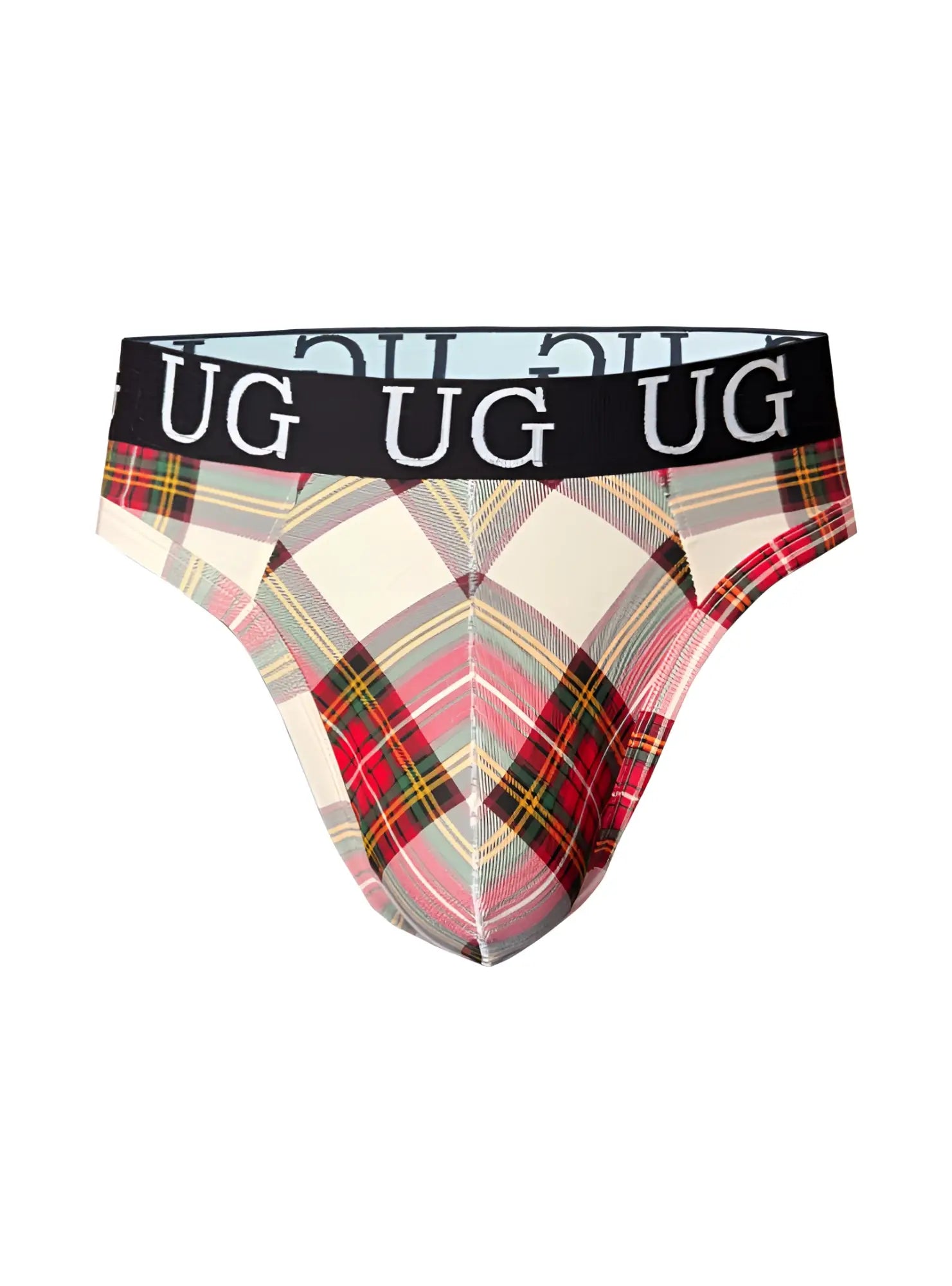 Country style plaids comfort thong underwear in red green and cream plaid with black waistband and ug logo