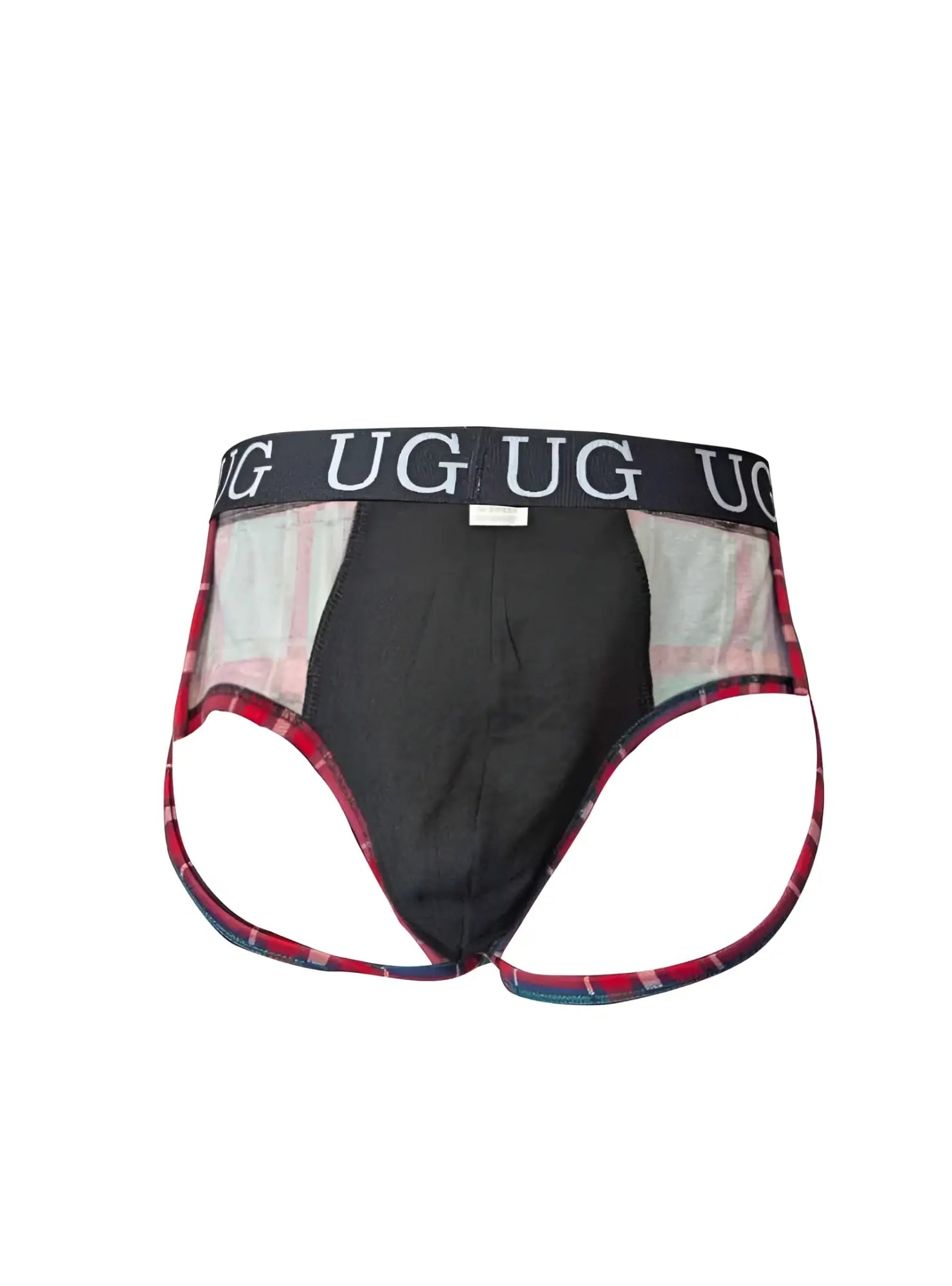 Men’s black and red plaid contour jockstrap with branded waistband in country style plaids fit design