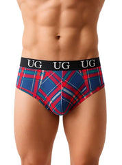 Blue red and white plaid country style plad fit contour jockstrap briefs with black ug logo waistband for men