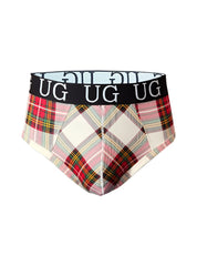 Country style plaids fit contour jockstrap with plaid pattern and black waistband featuring white ug branding