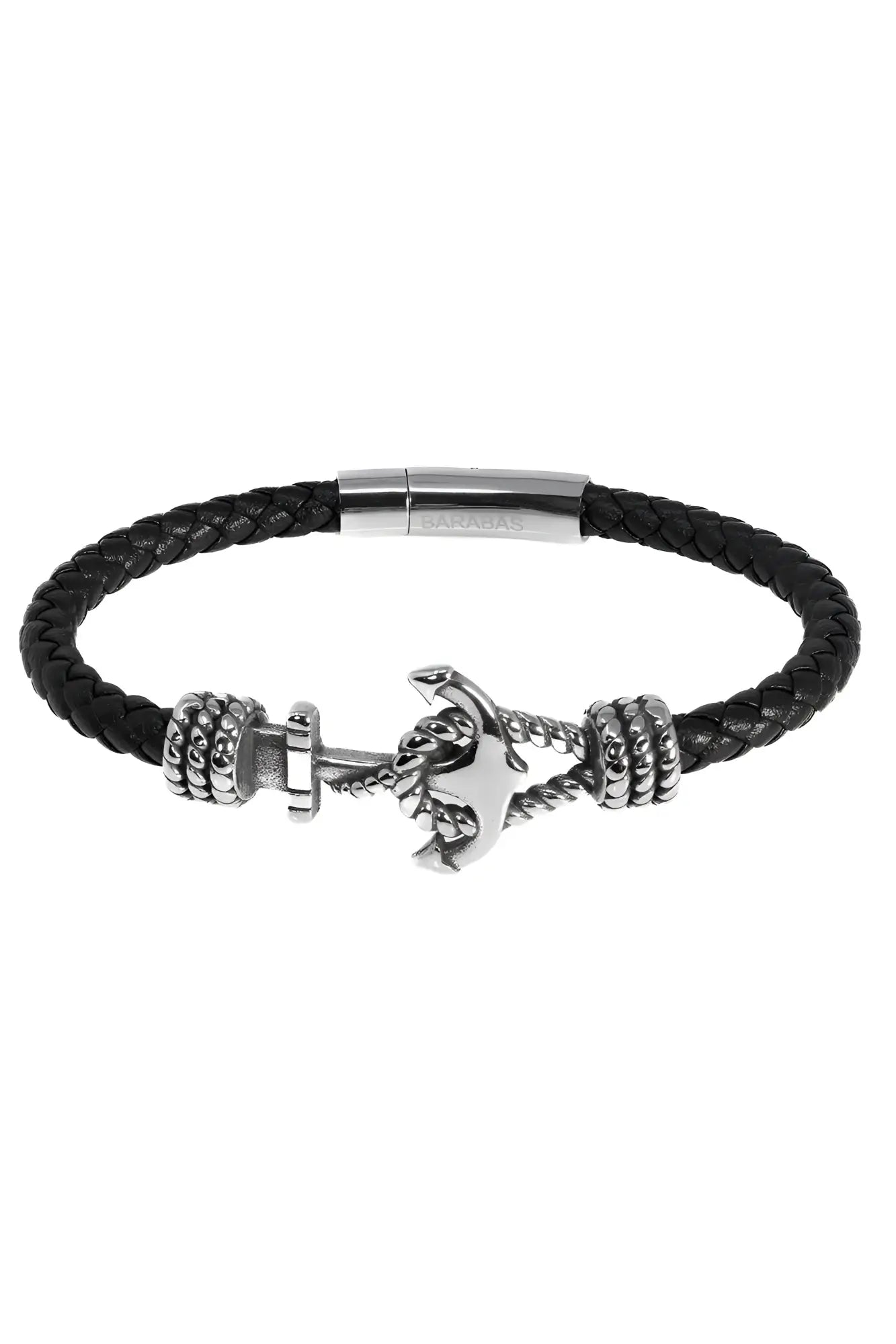 Black braided leather bracelet with a silver anchor charm and textured metal beads from the Courant Uproar collection