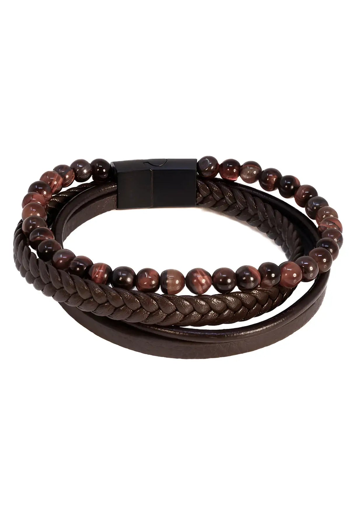 Courant wrinkle bracelet brown leather braided design with tiger eye beads and black magnetic clasp