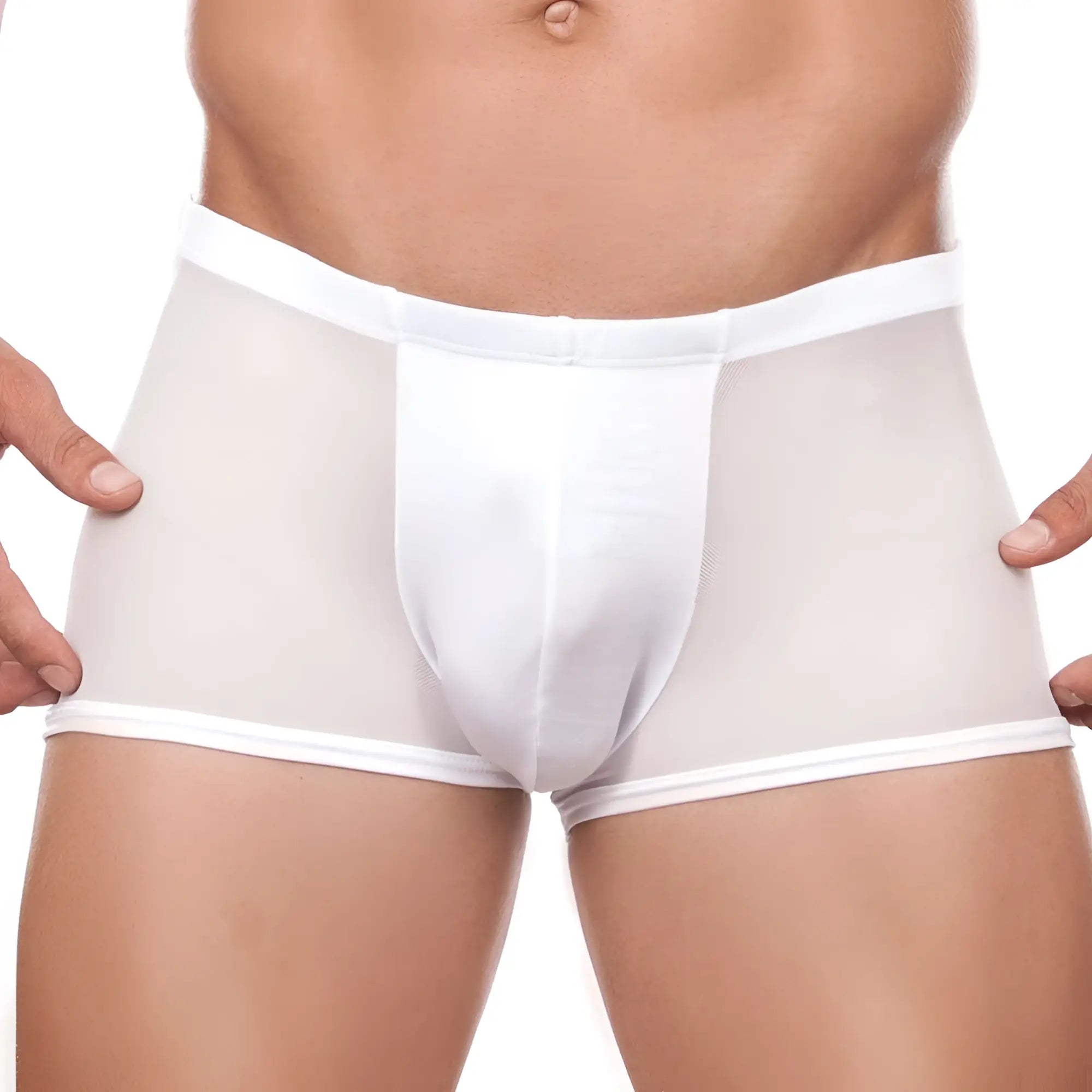 White mesh briefs with solid white front panel and elastic waistband from cover male cm164 boxer trunk collection