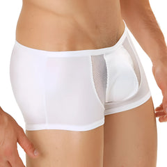White mesh briefs cover male CM206 boxer brief with solid white front panel and transparent side panels