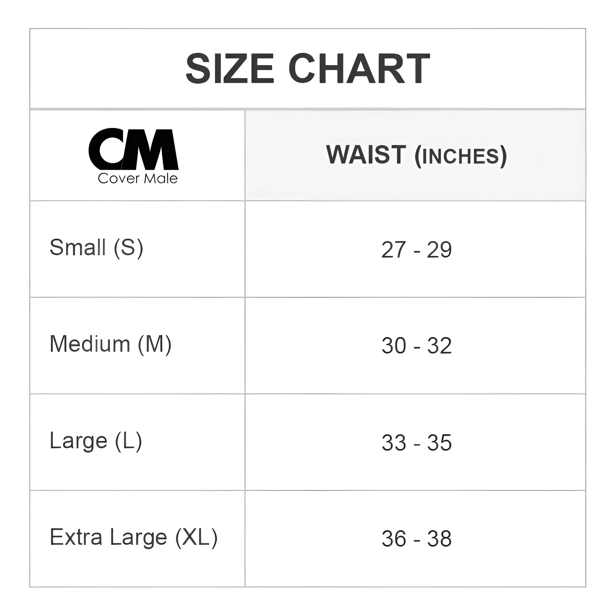 Cover male cml032 g-string size chart showing waist measurements in inches for menâ€™s underwear fitting guidance
