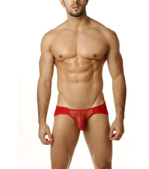 Red mesh sheer pouch bikini underwear with solid red waistband cover male size s in red color