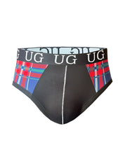 Black cozy comfort pouch briefs with red blue and green plaid side panels and a black waistband with white ug branding