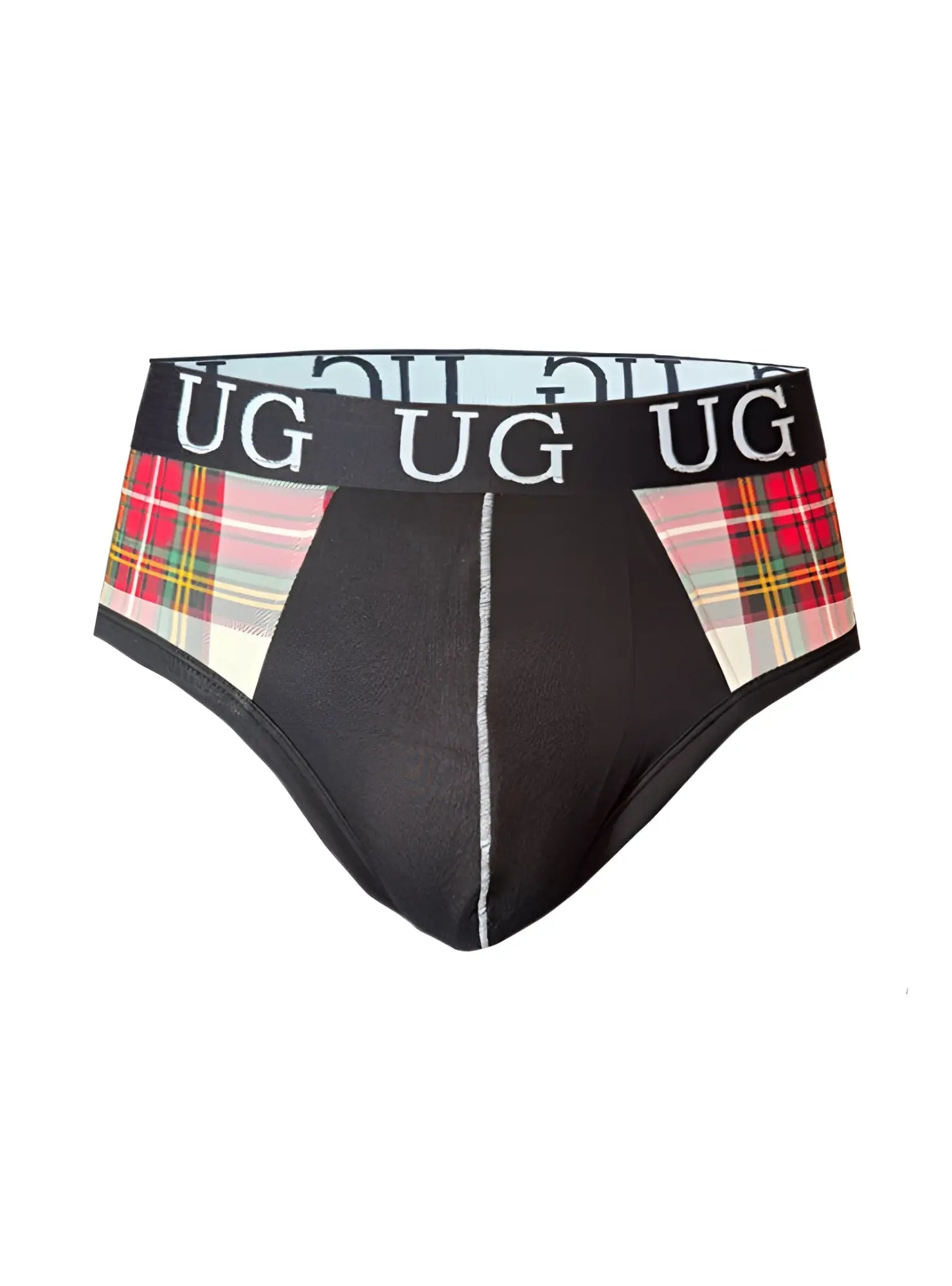 Black cozy comfort pouch brief with red green white plaid side panels and black waistband with white ug branding
