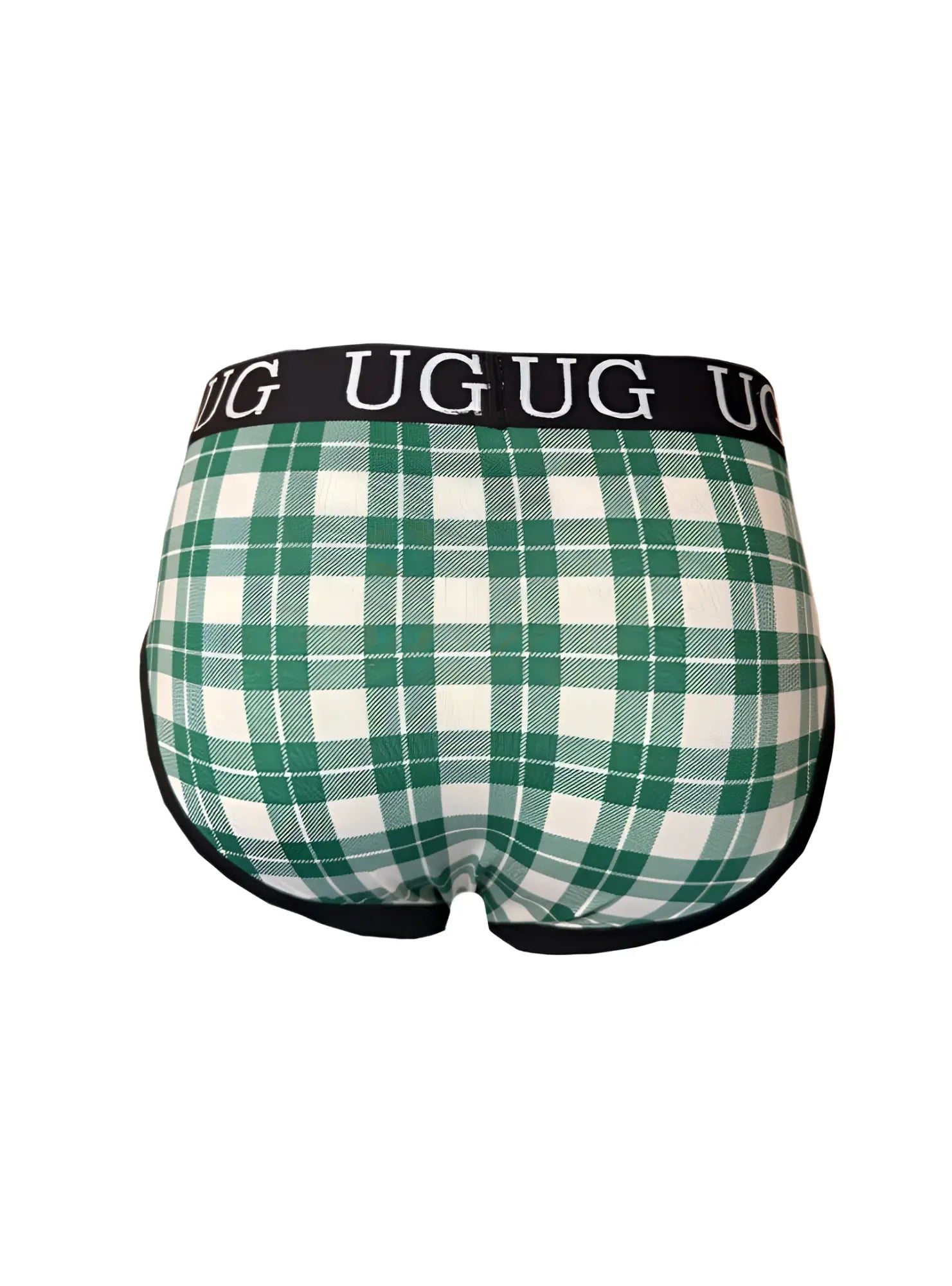 Cozy comfort pouch brief men’s underwear in green and white plaid with black waistband featuring ug logo