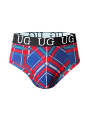 Cozy country style plaids fit brief in blue red and green plaid with black waistband and white ug lettering