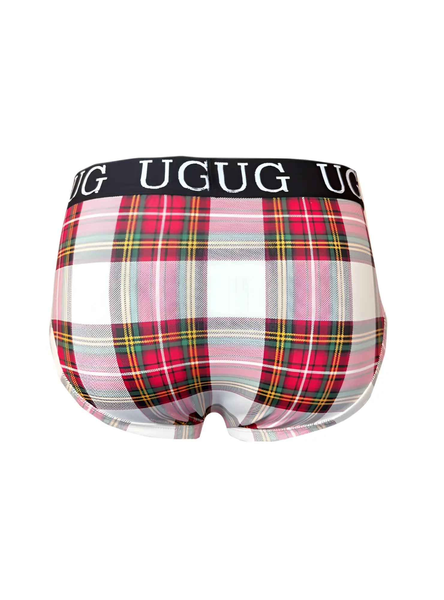 Cozy country style plaids fit brief in pink white red green plaid with black elastic waistband branded ugug