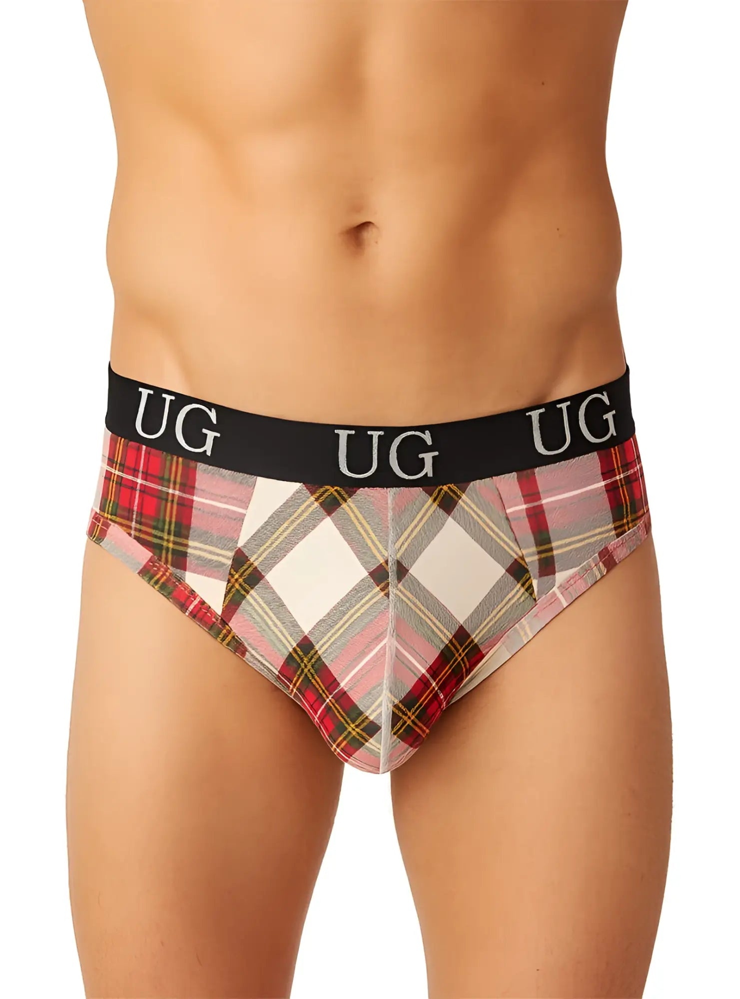 Cozy country style plaids fit brief in red pink beige plaid with black elastic waistband featuring ug logo