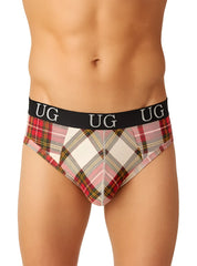 Cozy country style plaids fit brief in red pink beige plaid with black elastic waistband featuring ug logo