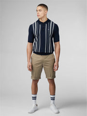 Navy blue and white crinkle cotton stripe polo shirt with short sleeves and small embroidered chest logo