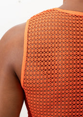 Bright orange crochet muscle tank top with fitted sleeveless design and breathable mesh material