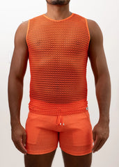 Bright orange crochet muscle tank top with fitted sleeveless design paired with matching drawstring shorts