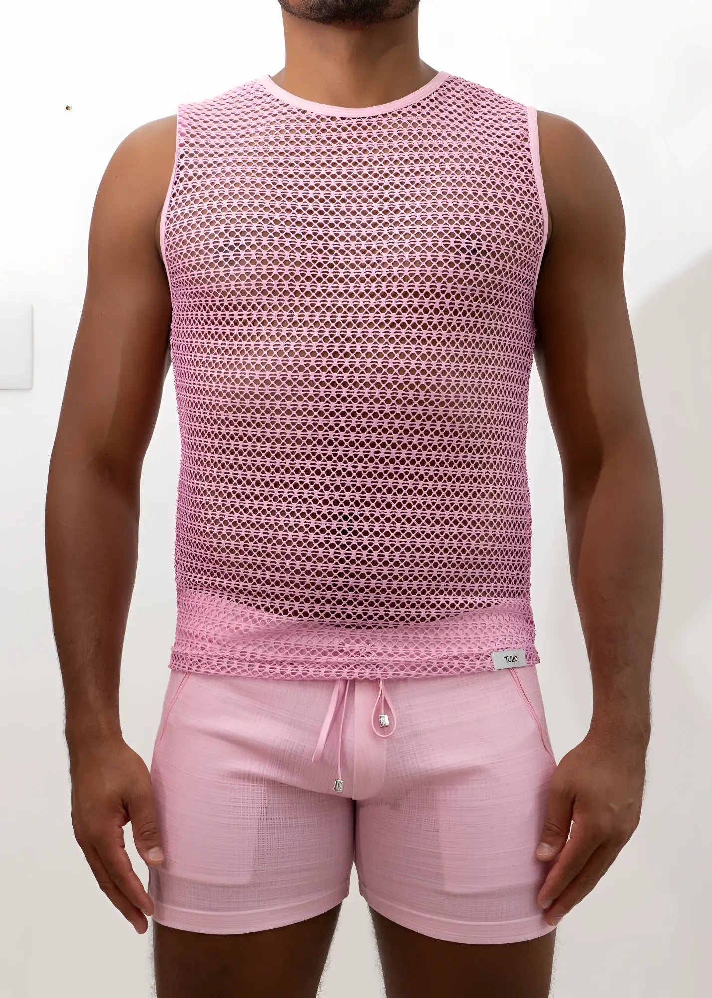 Pink mesh crochet muscle tank top with sleeveless design round neckline and subtle geometric pattern