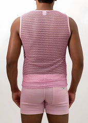Pink crochet muscle tank top with mesh fabric subtle geometric pattern and ribbed hem for casual wear