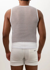 White crochet muscle tank top with mesh fabric and solid white band at the bottom front view