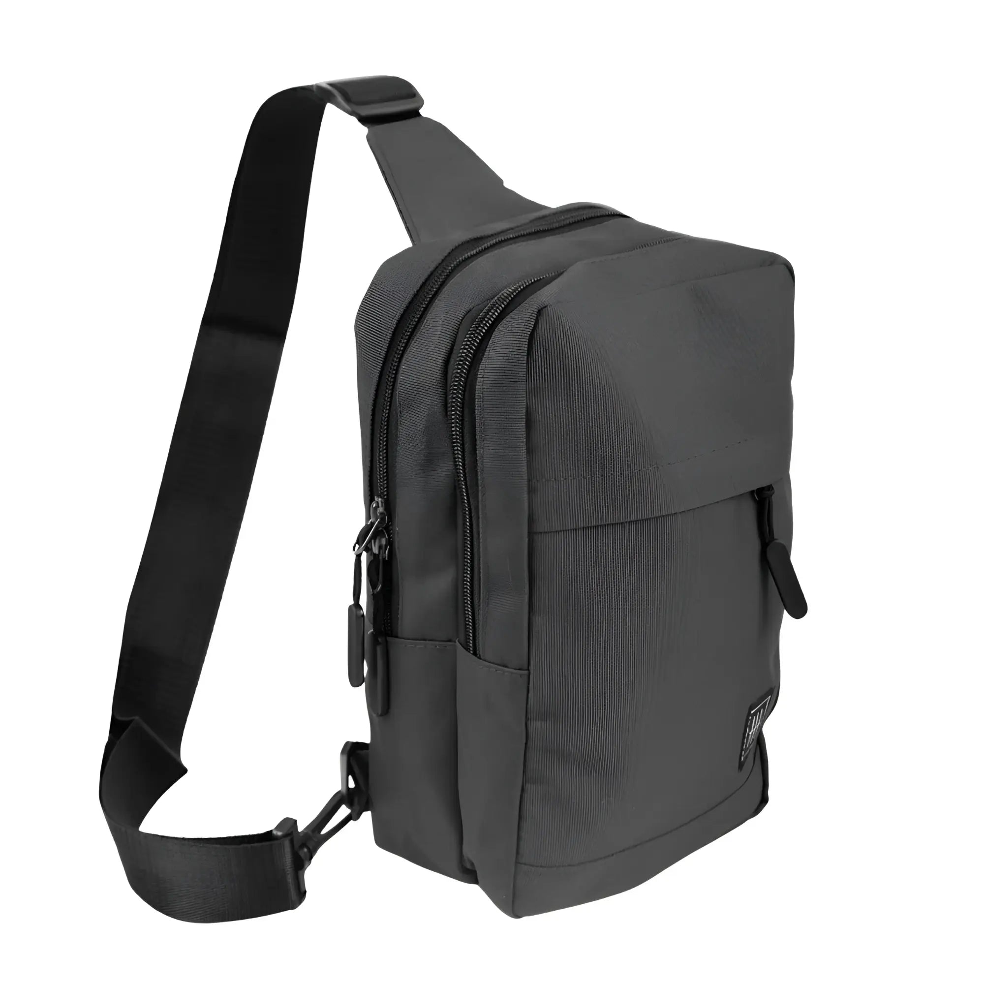 Black nylon crossbody canvas sling bag with multiple zippered compartments and an adjustable strap for everyday use