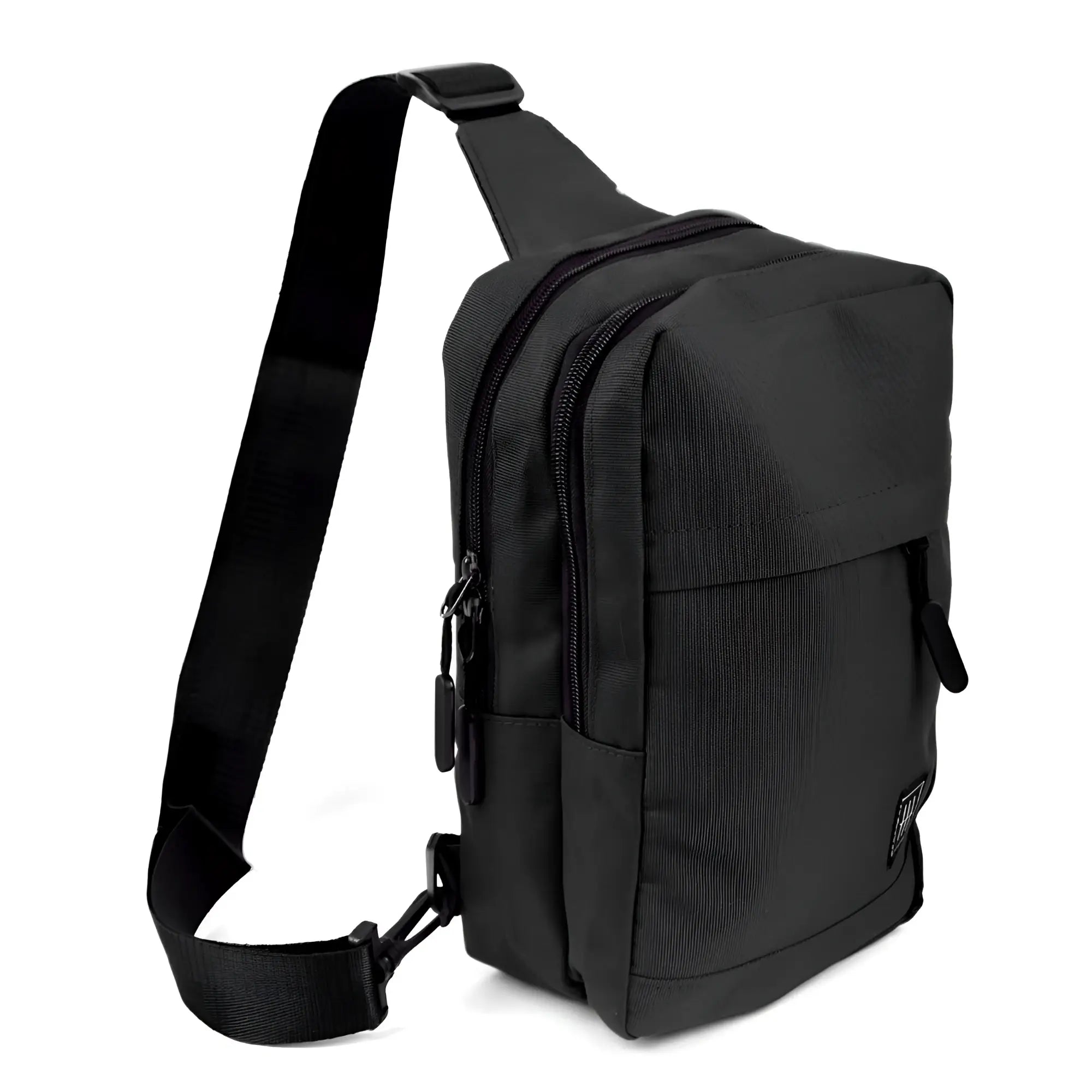 Black tactical crossbody canvas sling bag with durable fabric and multiple zippered compartments for secure storage