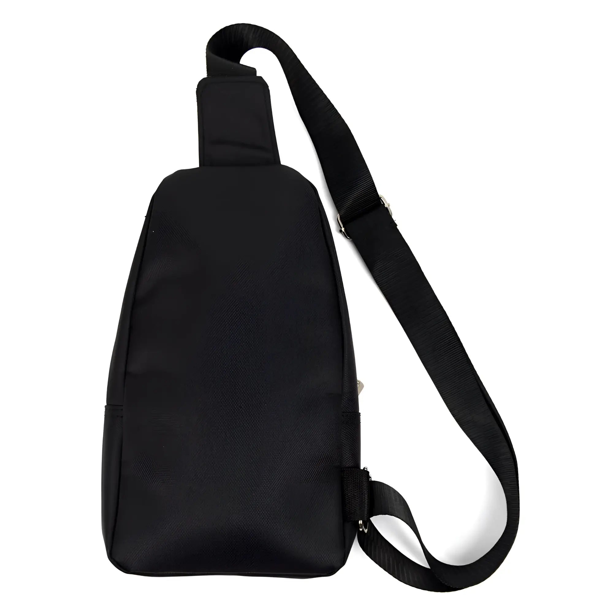 Black nylon crossbody sling bag with adjustable strap and zippered closure for hands-free carrying