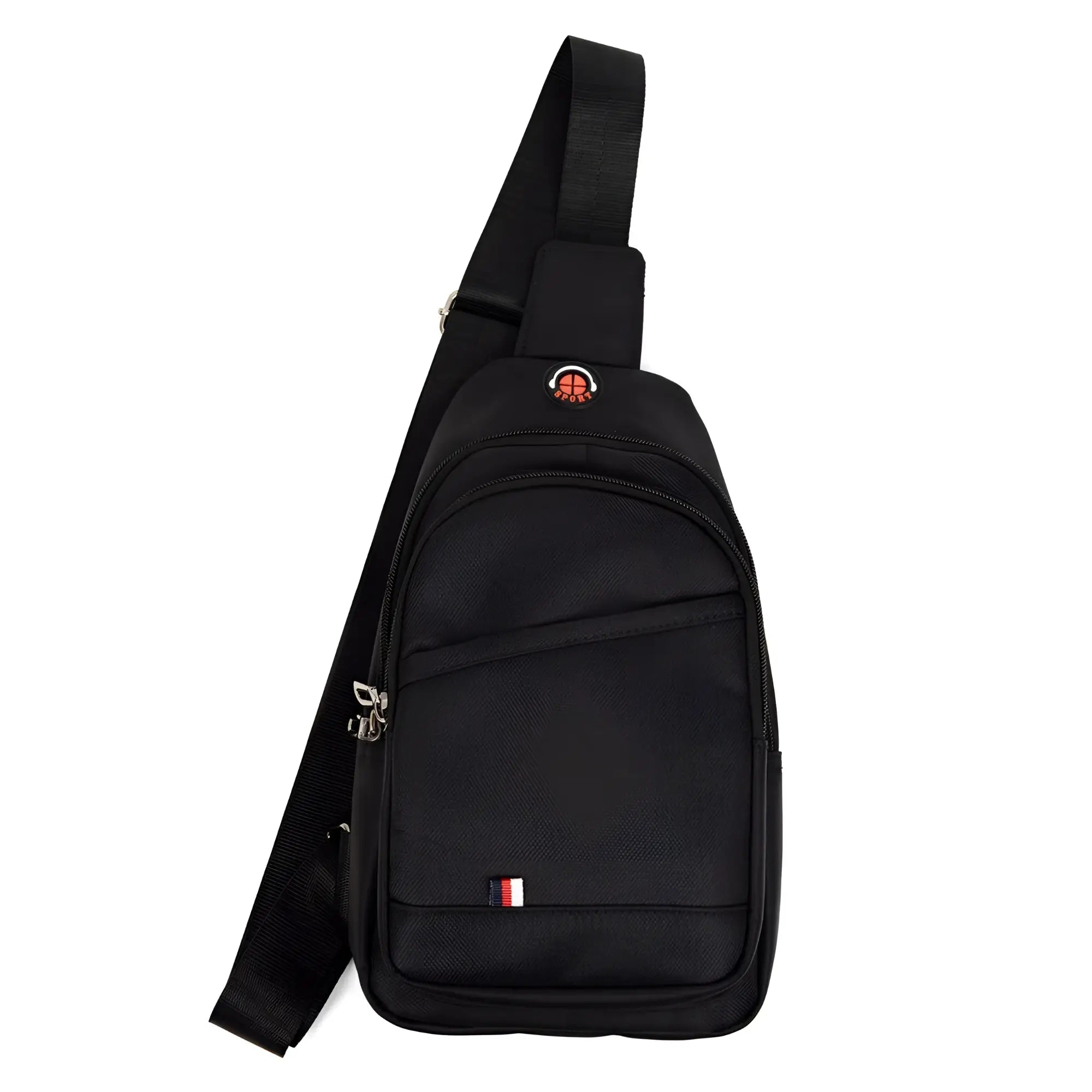 Black nylon crossbody sling bag with a red and white logo patch on the front for everyday use