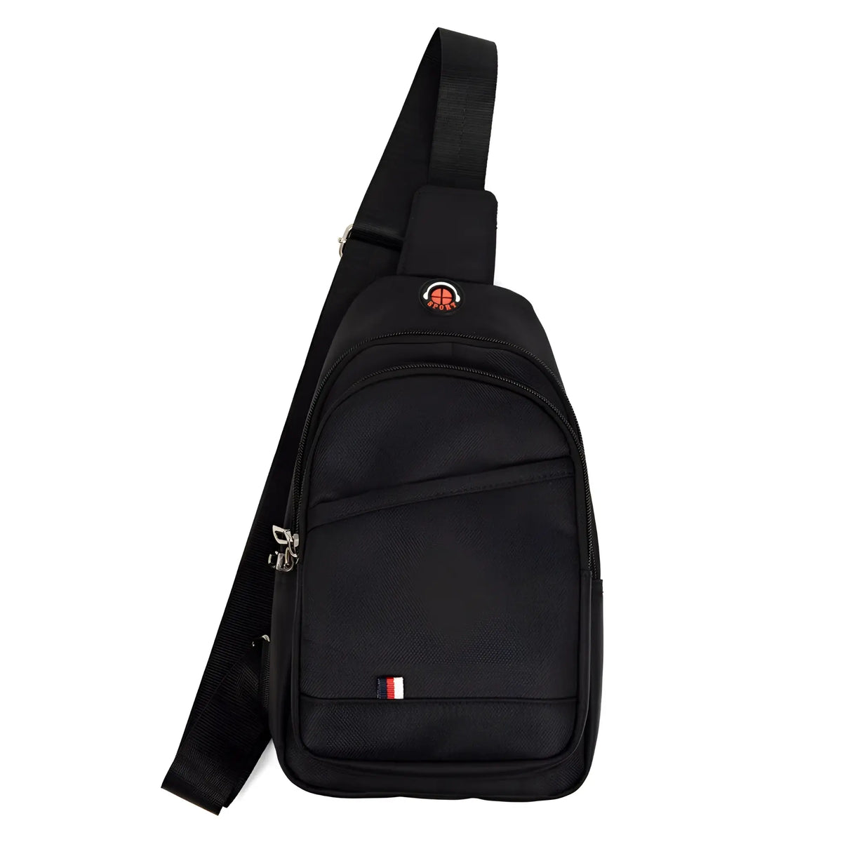 Black nylon crossbody sling bag with a red and white logo patch on the front for everyday use