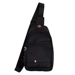 Black nylon crossbody sling bag with a red and white logo patch on the front for everyday use
