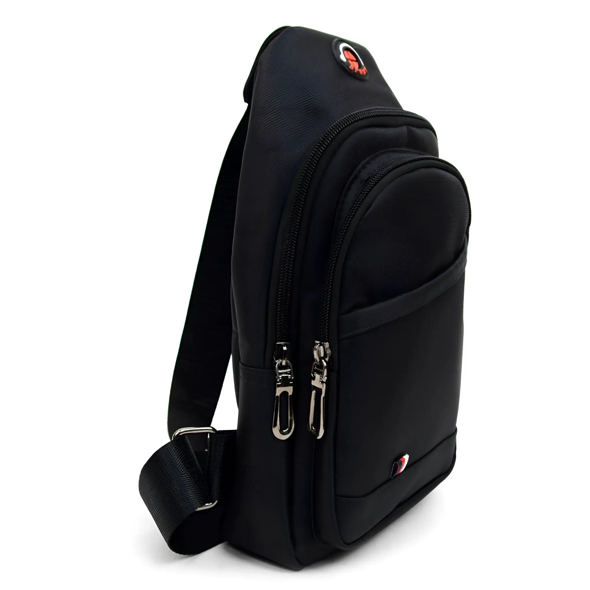 Black nylon crossbody sling bag with silver zippers and a red logo patch for everyday use