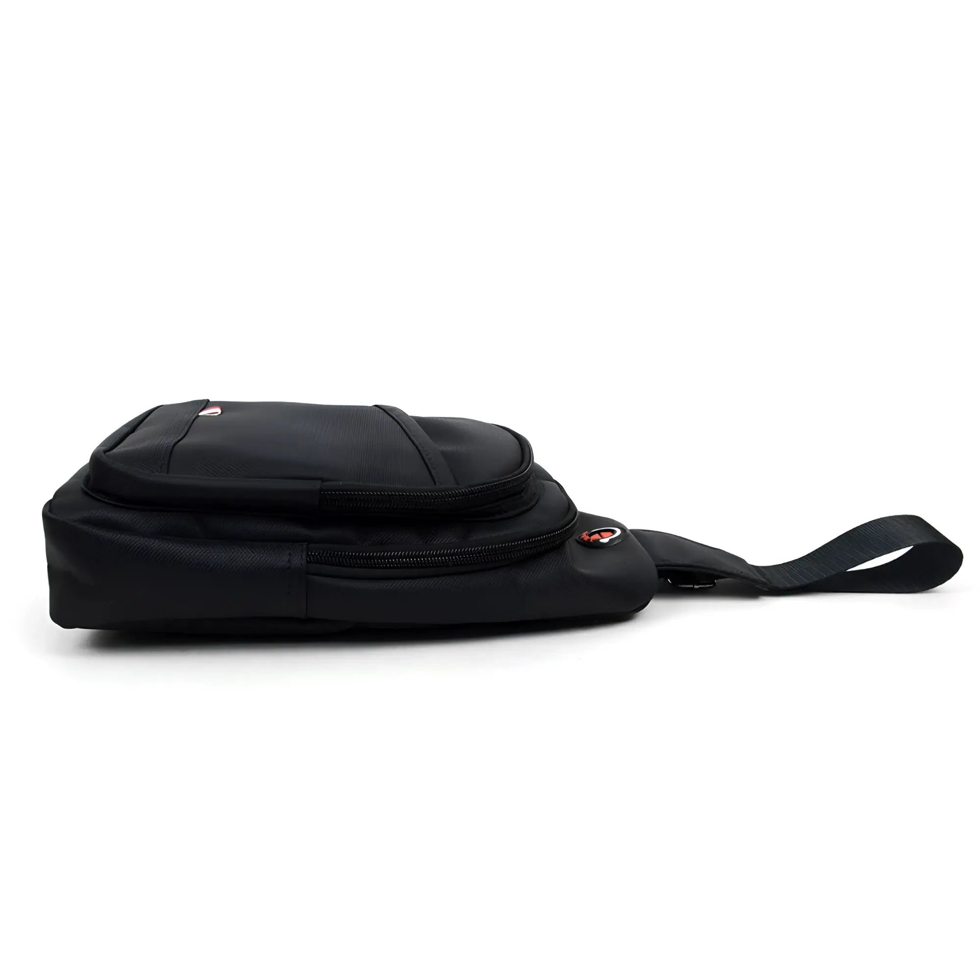 Black nylon crossbody sling bag with a sleek minimalist design and subtle red logo accents for daily use