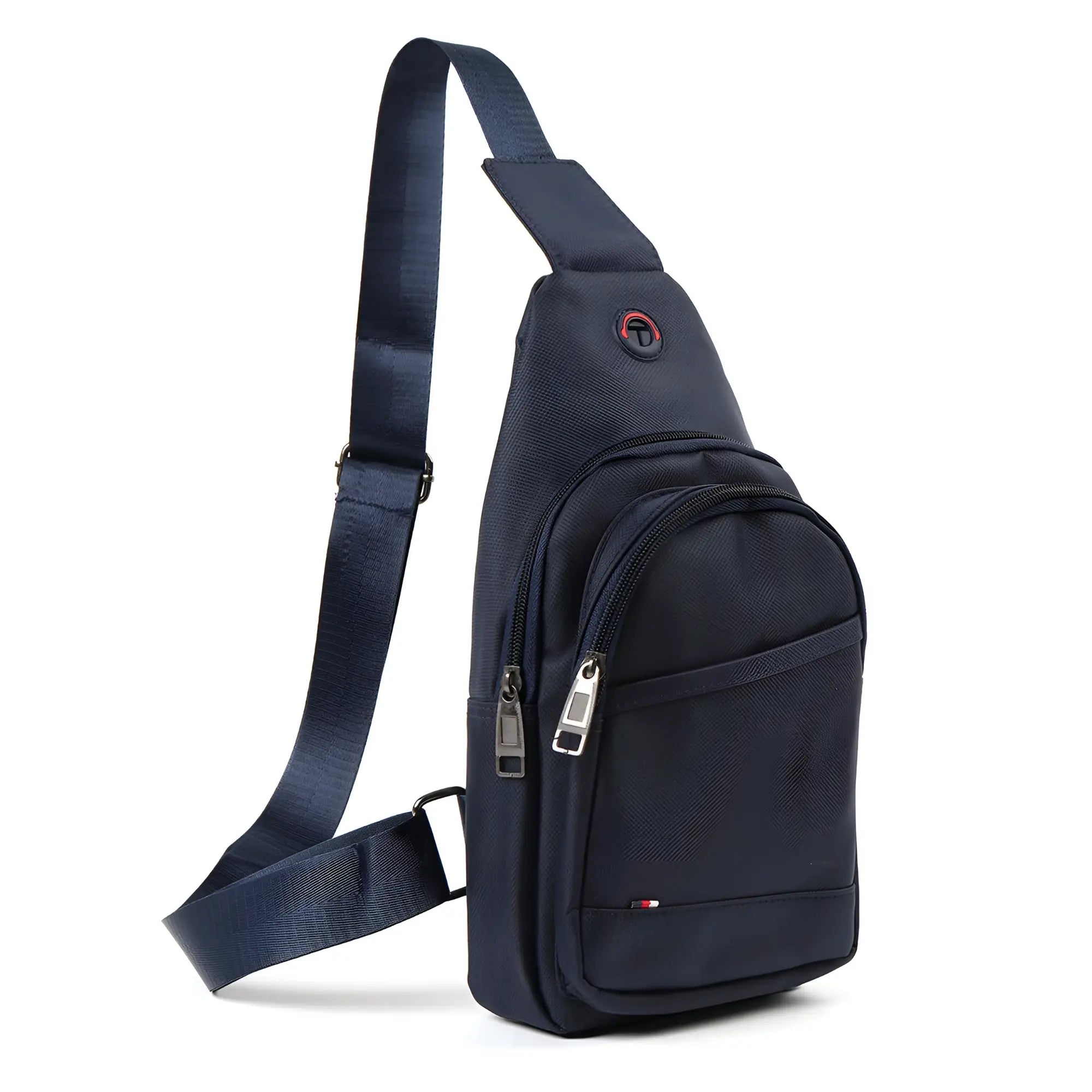 Navy blue nylon crossbody sling bag with silver zippers and a red logo on the front for easy carrying