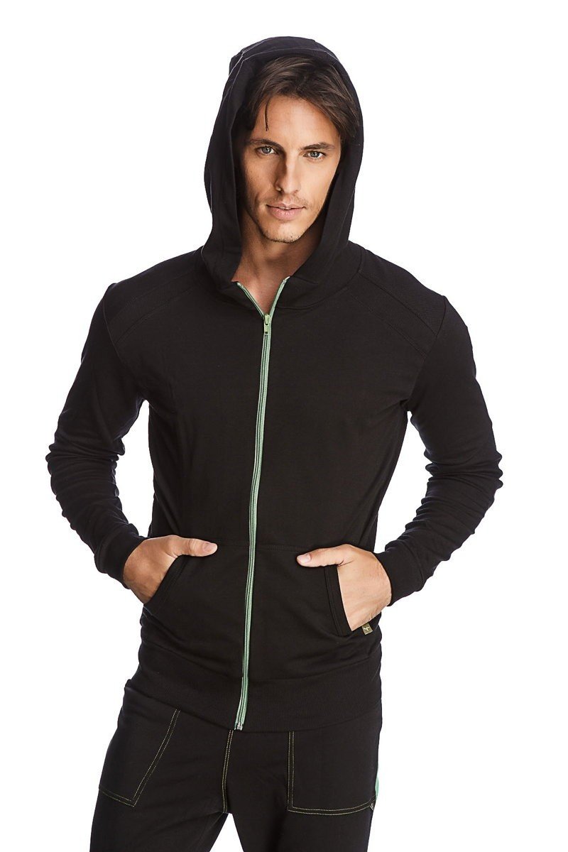 Figurbetonter Crossover Yoga Track Performance Hoodie (Schwarz mit grünem Reißverschluss)