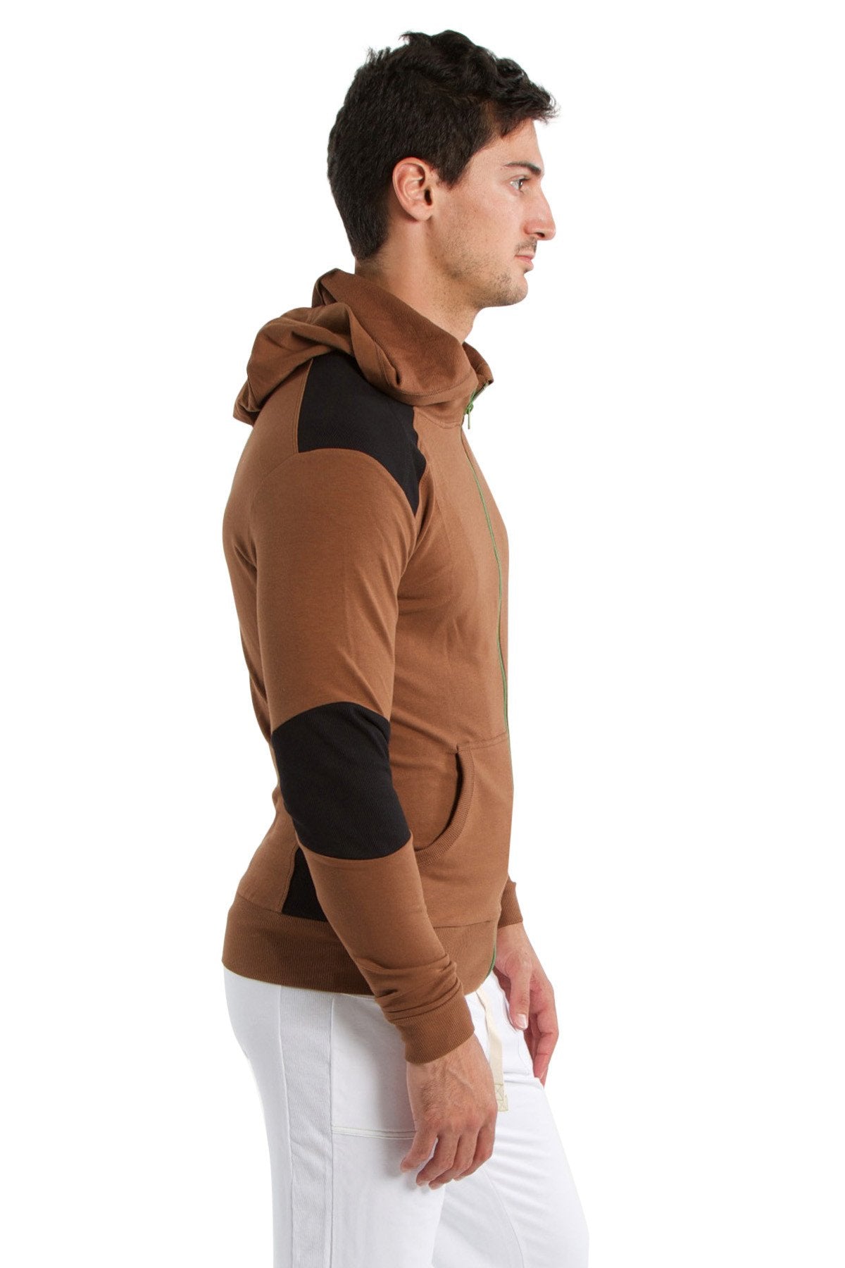 Form-fit crossover yoga track performance hoodie in chocolate and black with zip-up front and attached hood for active wear