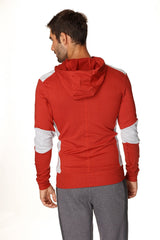 Form-fit crossover yoga track performance hoodie in cinnabar grey red and white with contrasting shoulder sleeve and side panels