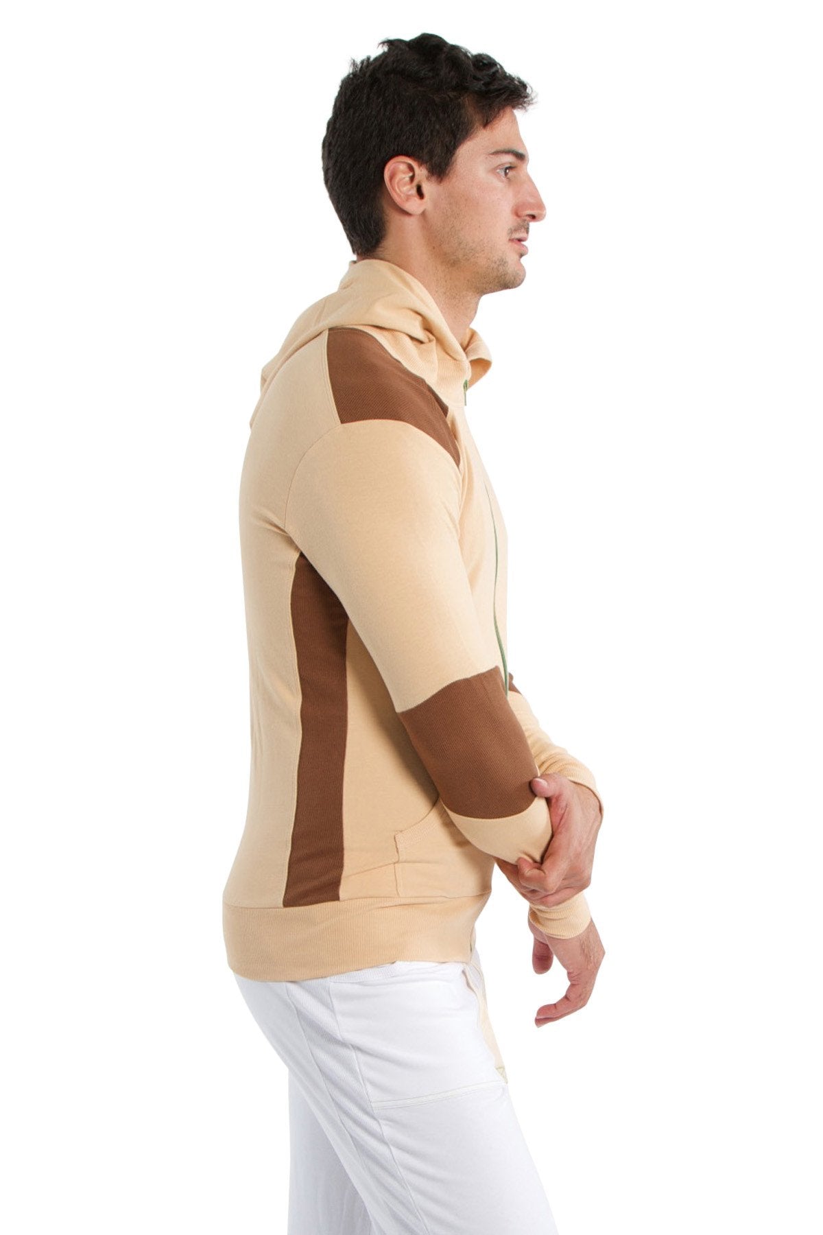 Beige and brown color-blocked form-fit crossover yoga track performance hoodie with hood ribbed cuffs and full zip