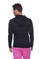 Black form-fit crossover yoga track performance hoodie with sleek design and ribbed cuffs solid black with black zipper