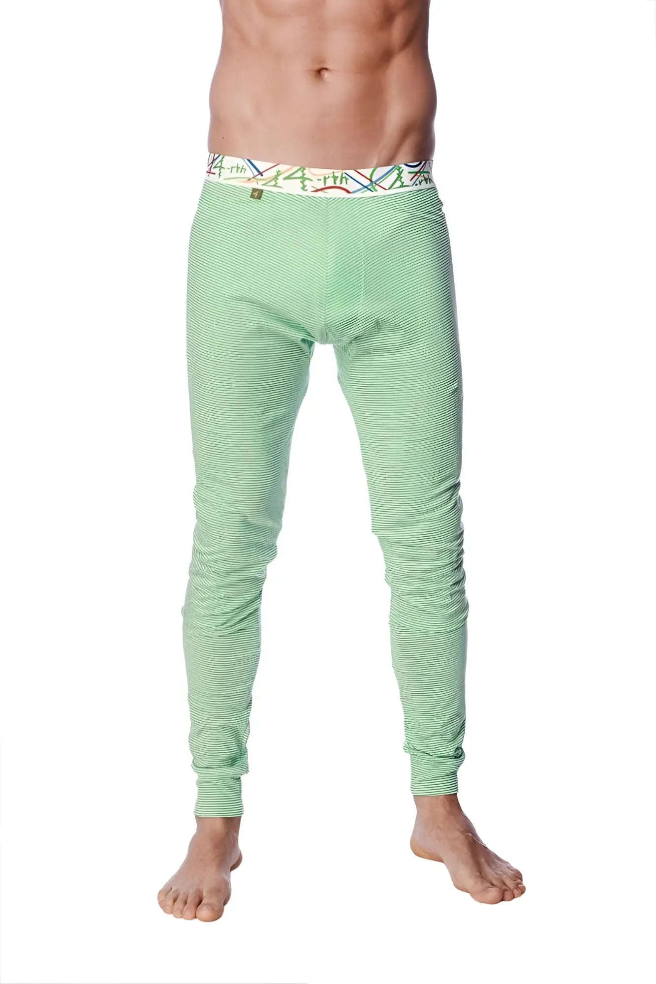 Light green striped crosstrain thermal yoga pant with colorful patterned waistband for men