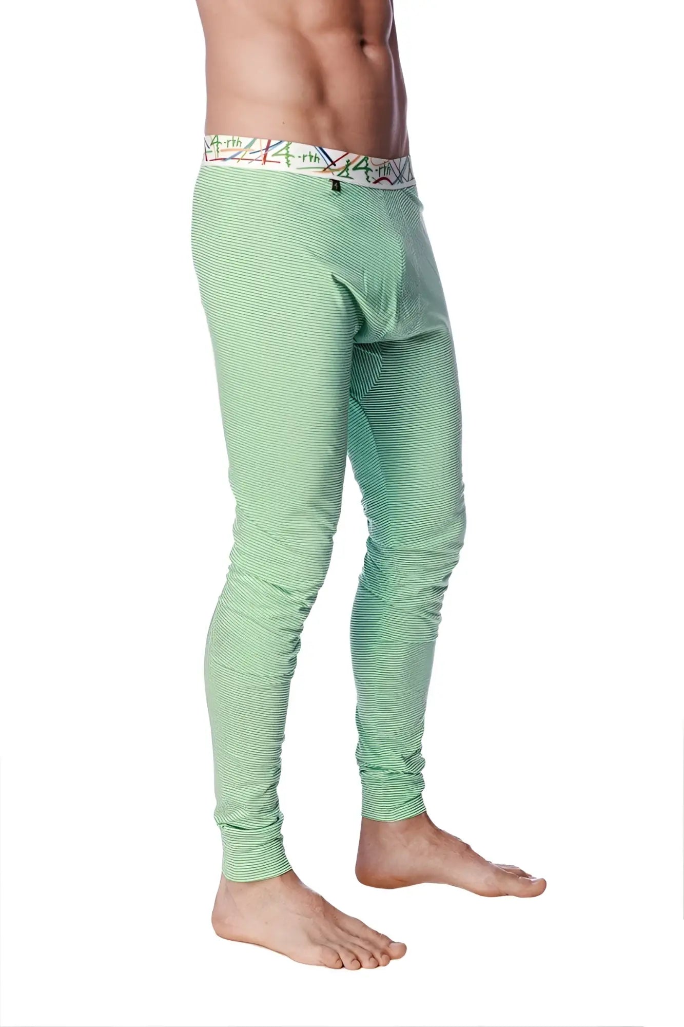 Light green striped men’s thermal leggings with patterned waistband designed for yoga and crosstraining