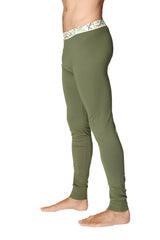 Olive green crosstrain thermal yoga pant with a white waistband and colorful geometric patterns for workouts