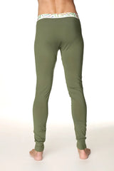 Olive green stretchy crosstrain thermal yoga pant with a patterned white waistband in rainforest green color