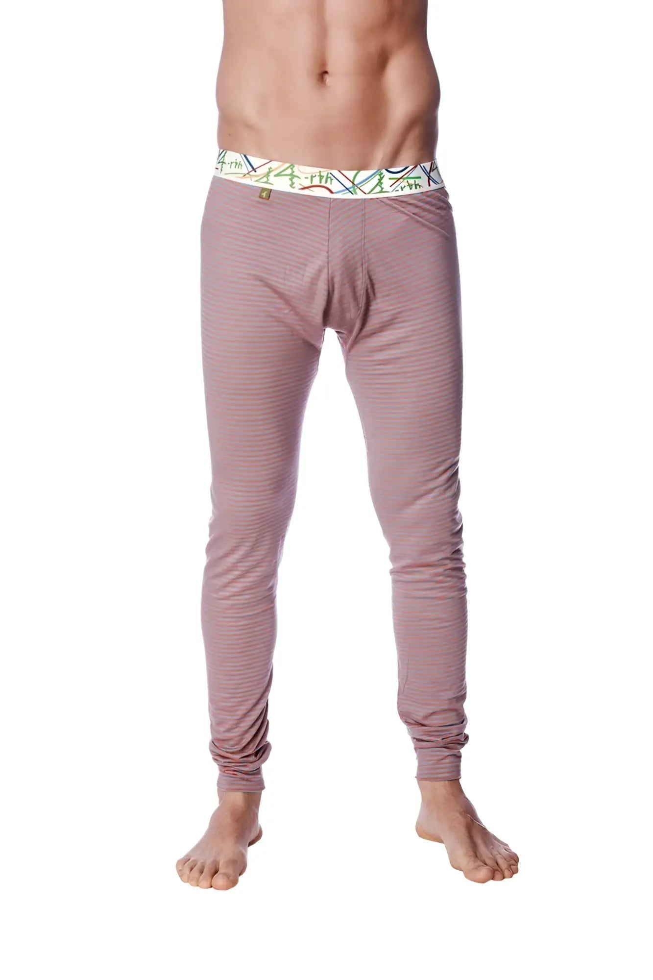 Pink striped men’s crosstrain thermal yoga pant with colorful patterned waistband designed for warmth and comfort